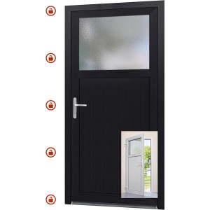 Anthrazitfarbene Kunststoff Nebeneingangstür mit Glaseinsatz, Anschlag links, 98x198 cm.