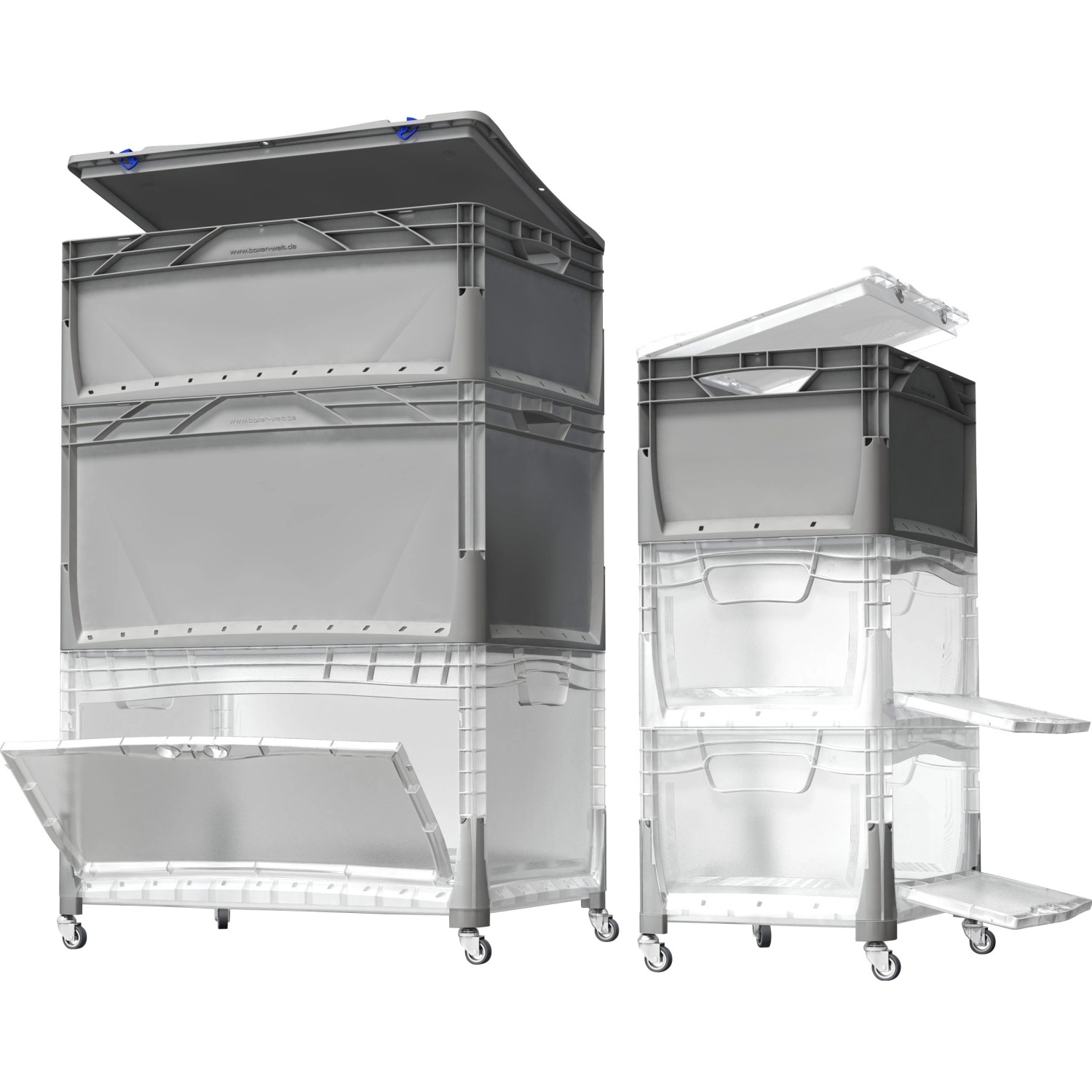 Eurobox-System: Transparente Aufbewahrungsbox mit seitlicher Klappe, 60x40x32 cm, gestapelt.