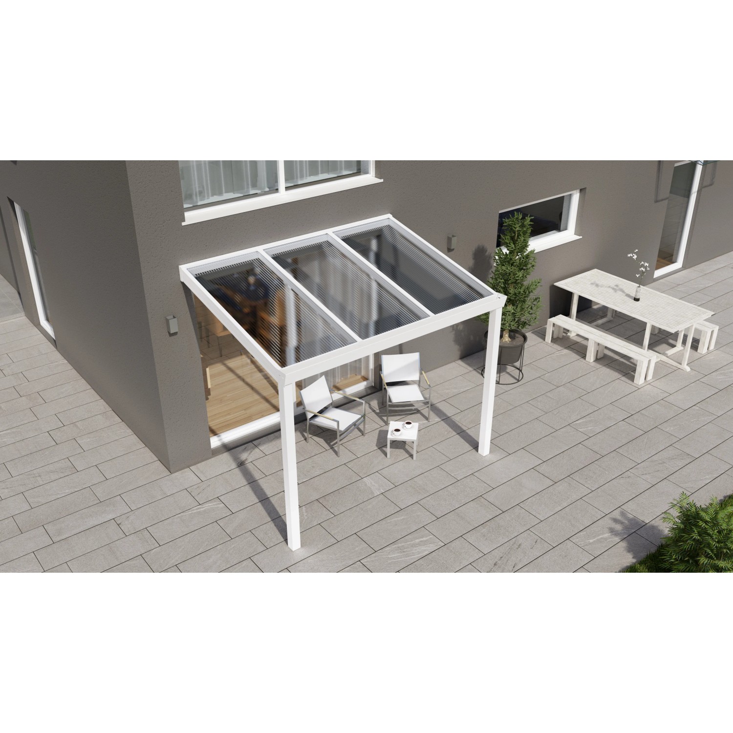 Weiße Terrassenüberdachung Professional (300x200 cm) mit klarer Polycarbonat-Platte.
