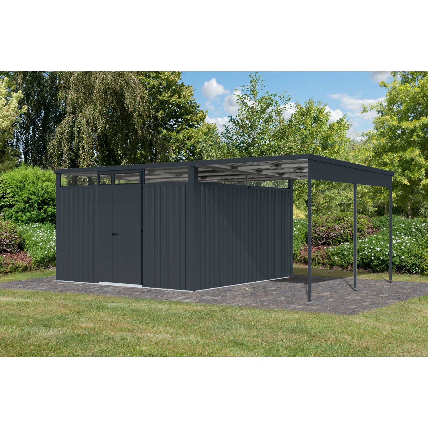 Karibu Metallgerätehaus Amato mit Anbaudach in Anthrazit, 220x342x342 cm.