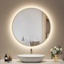 Runder LED Badspiegel 70 cm mit gebürstetem Goldrahmen, Hintergrundbeleuchtung, Uhr, Temperatur, Antibeschlag.
