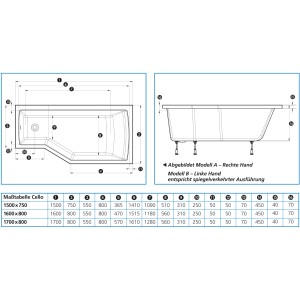 Technische Zeichnung der Cello Eckbadewanne, linke Ausführung, mit Maßen 170x80x55 cm.