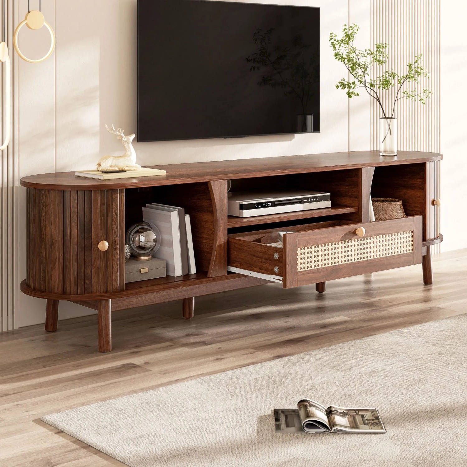 okwish TV Schrank mit Türen Schubladen Rattan Massivholz Stauraum 165x37x46cm Braun_3