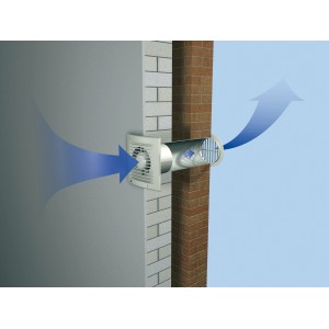 Weißer Badventilator System Ø 100 an Wand mit Luftstrom-Pfeilen.