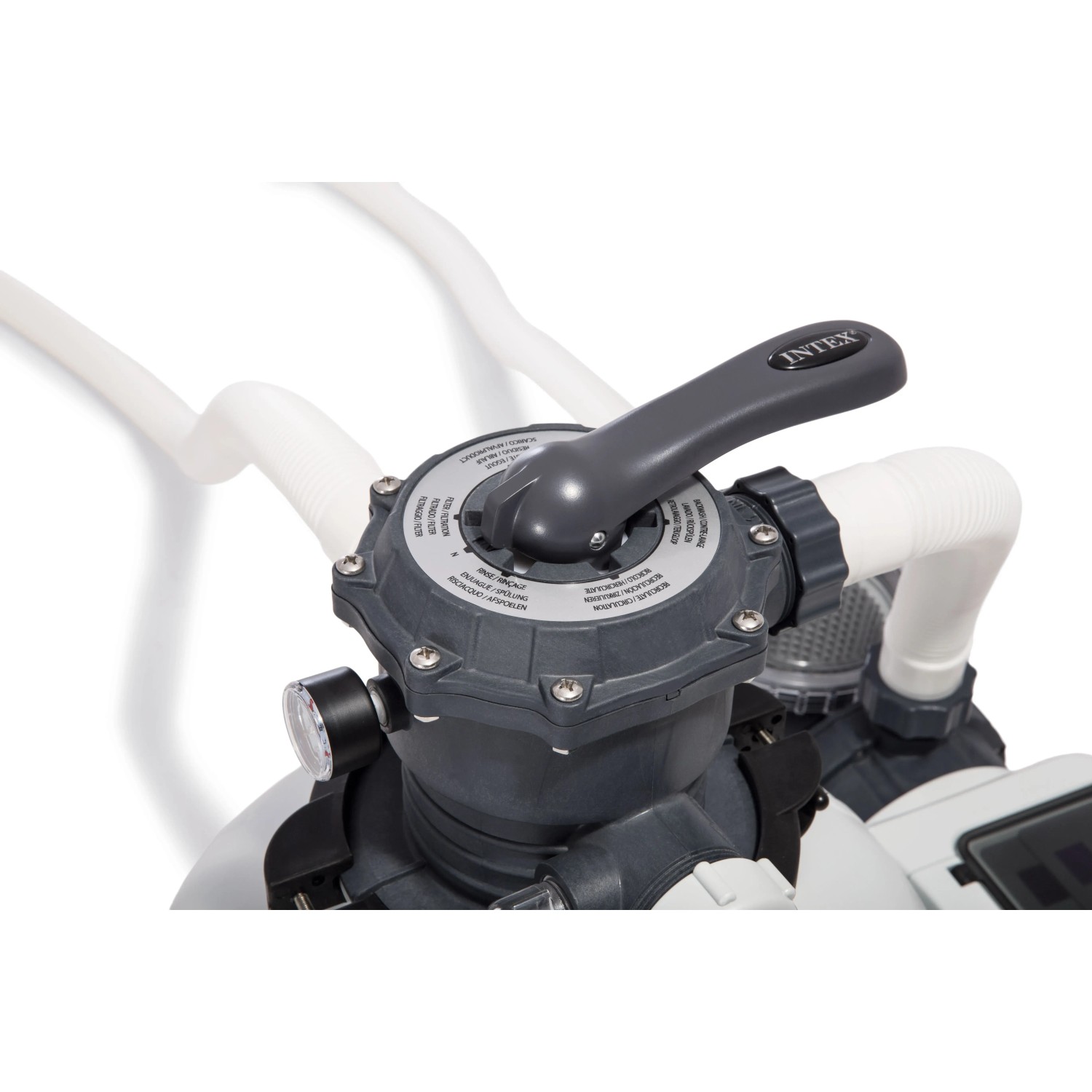 Intex Krystal Clear Sandfilteranlage SX2800 Detailansicht mit Bedienhebel und Anschlüssen.