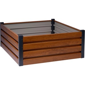 Quadratisches, braunes Metall-Hochbeet mit Holzmuster, 100x100x40 cm. Ideal für Garten, Terrasse und Balkon.