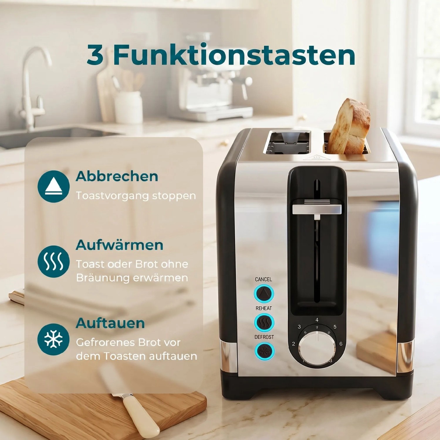 HOMCOM 2-Scheiben-Toaster schwarz-silber in Küche. Beleuchtete Tasten für Abbrechen, Aufwärmen, Auftauen. Toast im Schlitz.
