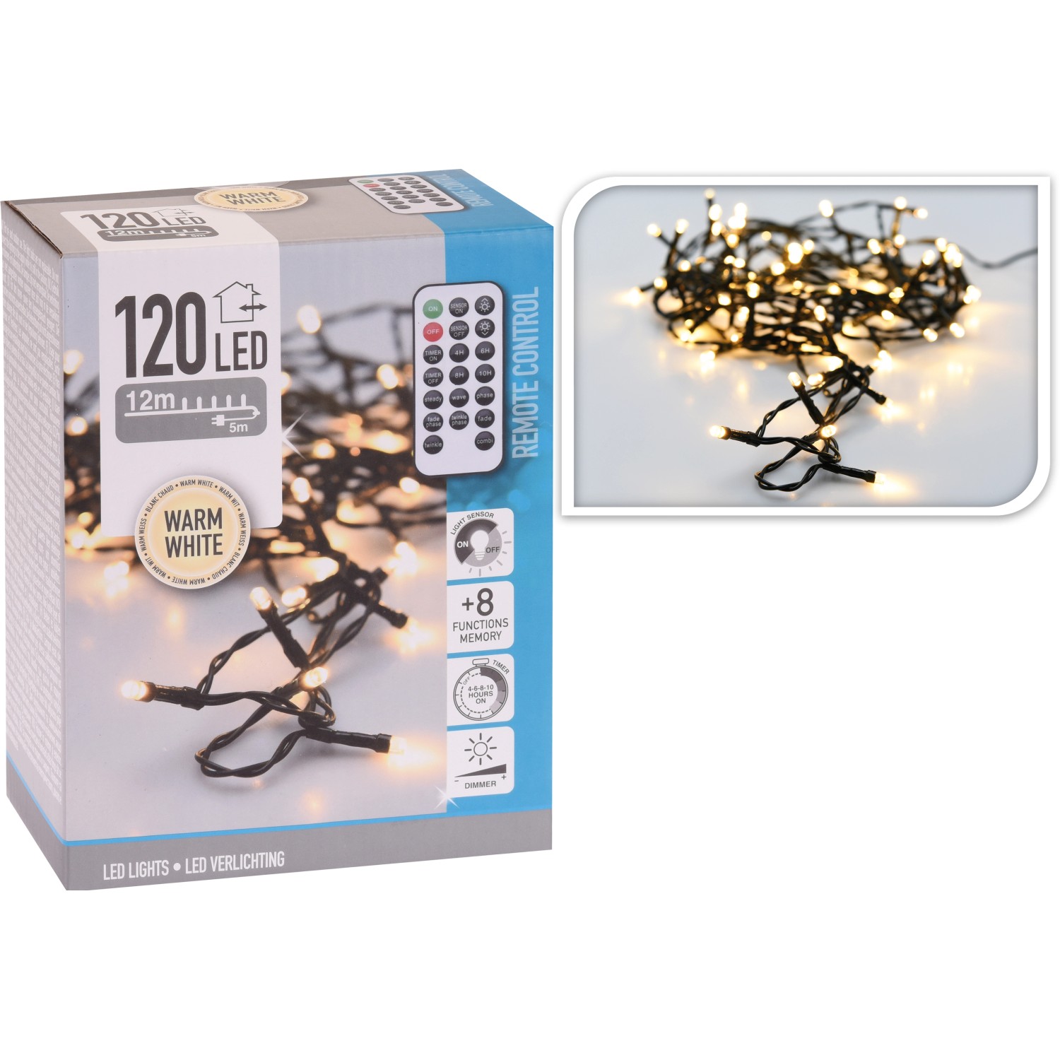 LED Lichterkette mit 120 warmweißen LEDs für innen und außen, mit Fernbedienung und Verpackung.