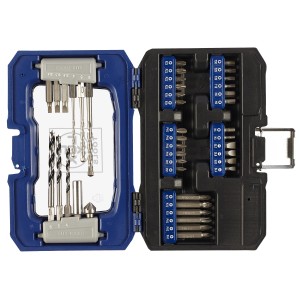 42-teiliges LUX Bohrer- und Bit-Set in geöffneter, blauer Kunststoffbox mit verschiedenen Bohrern und Bits.