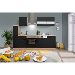 Respekta Küchenzeile KB250ESSC, 250 cm, Schwarz-Eiche Glänzend, mit E-Geräten und viel Stauraum.