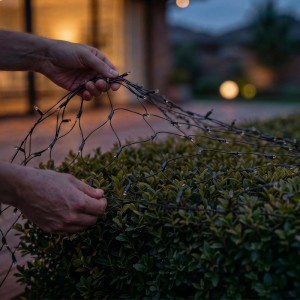 Hände legen Philips Hue Festavia smartes Lichternetz mit LEDs auf grünen Busch im Freien. Festliche Außenbeleuchtung.