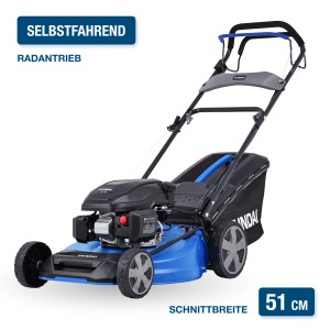 Blauer Hyundai Benzin-Rasenmäher LM5122G mit 51 cm Schnittbreite.