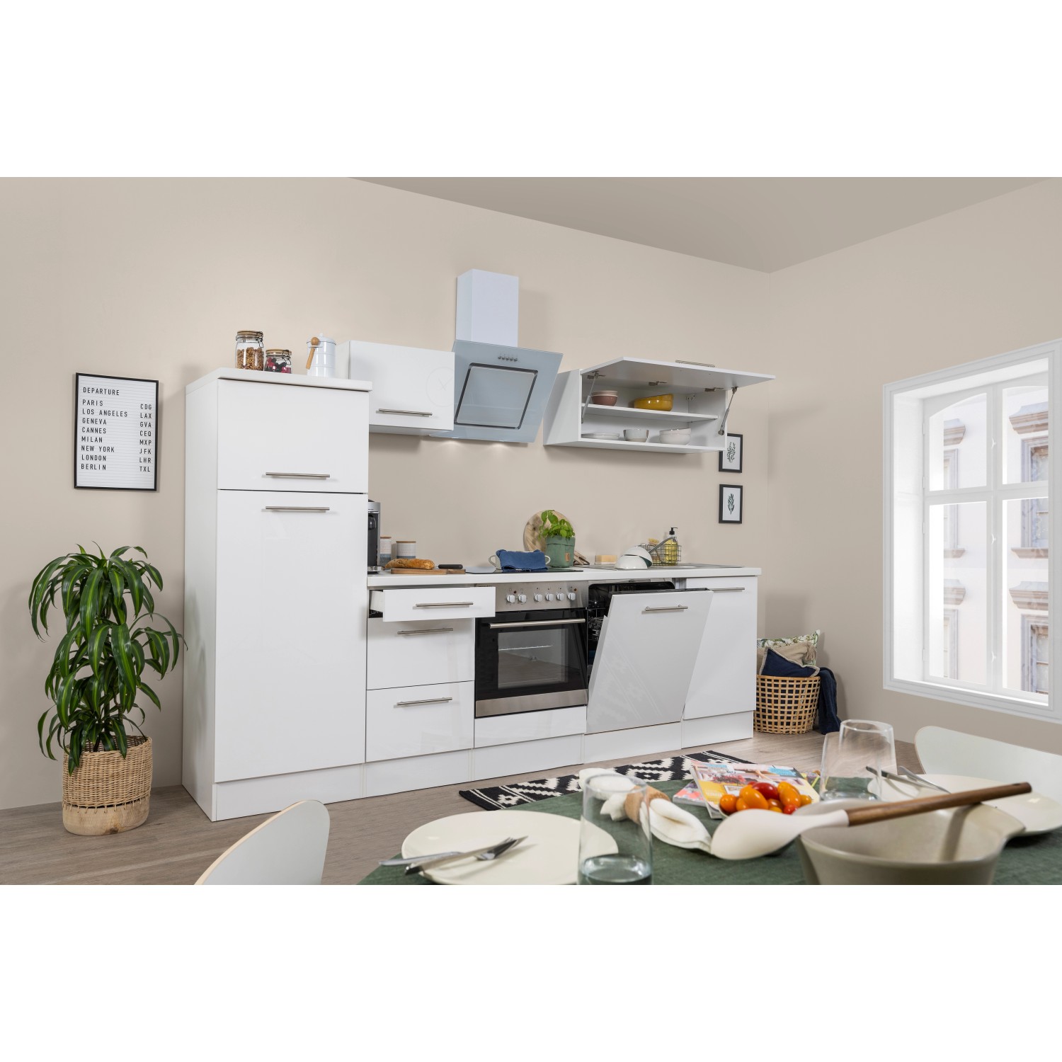 Respekta Premium Küchenzeile, 280 cm, Weiß Hochglanz mit E-Geräten.