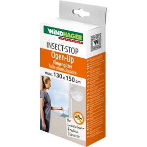 Verpackung des Windhager Insektenschutzrahmen IS Open-Up, 130x150 cm, weiß. Fliegengitter zum Öffnen und Schließen.