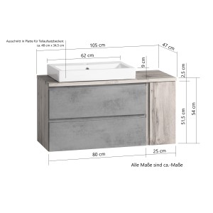 Held Möbel Waschtisch Ancona 105 cm, weiß-Wotaneiche, Becken links, mit Maßangaben.
