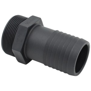 Schwarzer Adapter (G 2 AG) auf Schlauchtülle 50 mm aus PP für Regentonnen und Wasserzapfstellen.