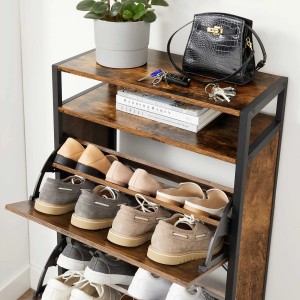 Vasagle Schuhschrank, braun-schwarz, mit drei Fächern und Schuhen. Kompaktes Design für mehr Stauraum.