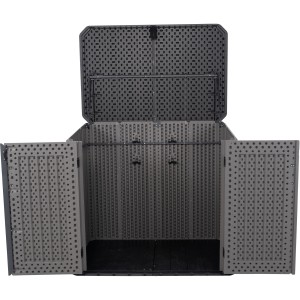 Geöffnete Lifetime Mülltonnenbox & Geräteschrank Phil, grau, aus Kunststoff mit Doppeltür und Deckel.