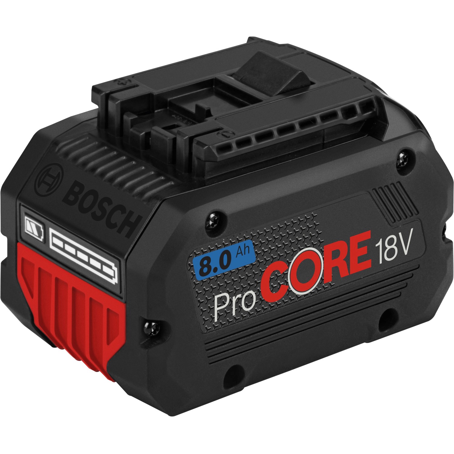 Bosch Professional ProCore 18V 8Ah Akkupack für Elektrowerkzeuge, schwarz mit rotem Akzent.