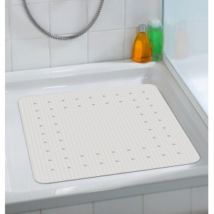 Weiße Wenko Duscheinlage Mirasol 54x54 cm mit Noppen und Saugnäpfen in Dusche.