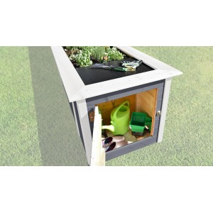 Graues Weka Hochbeet mit Schrank und Gartenzubehör. Holz-Hochbeet mit Stauraum für Gartenwerkzeug.