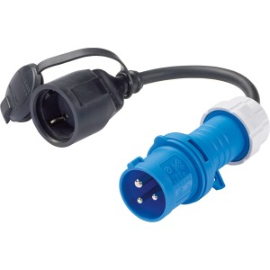 Blau-schwarzer CEE Stecker, 3-polig, 16A mit Schutzkontaktkupplung und Kabel.