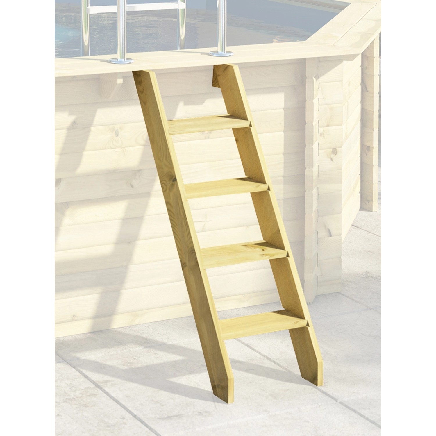 Holzpool Leiter für Karibu Pool Set, 4 Stufen, aus kesseldruckimprägniertem Holz.