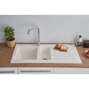 Respekta Mineralite Einbauspüle Denver, 100x50 cm, Weiß. Granitspüle mit zwei Becken und Abtropffläche.