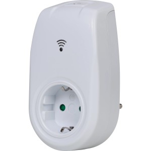 Weißer Wifi Stecker Schuko zur Hausfunksteuerung von Elektrogeräten.