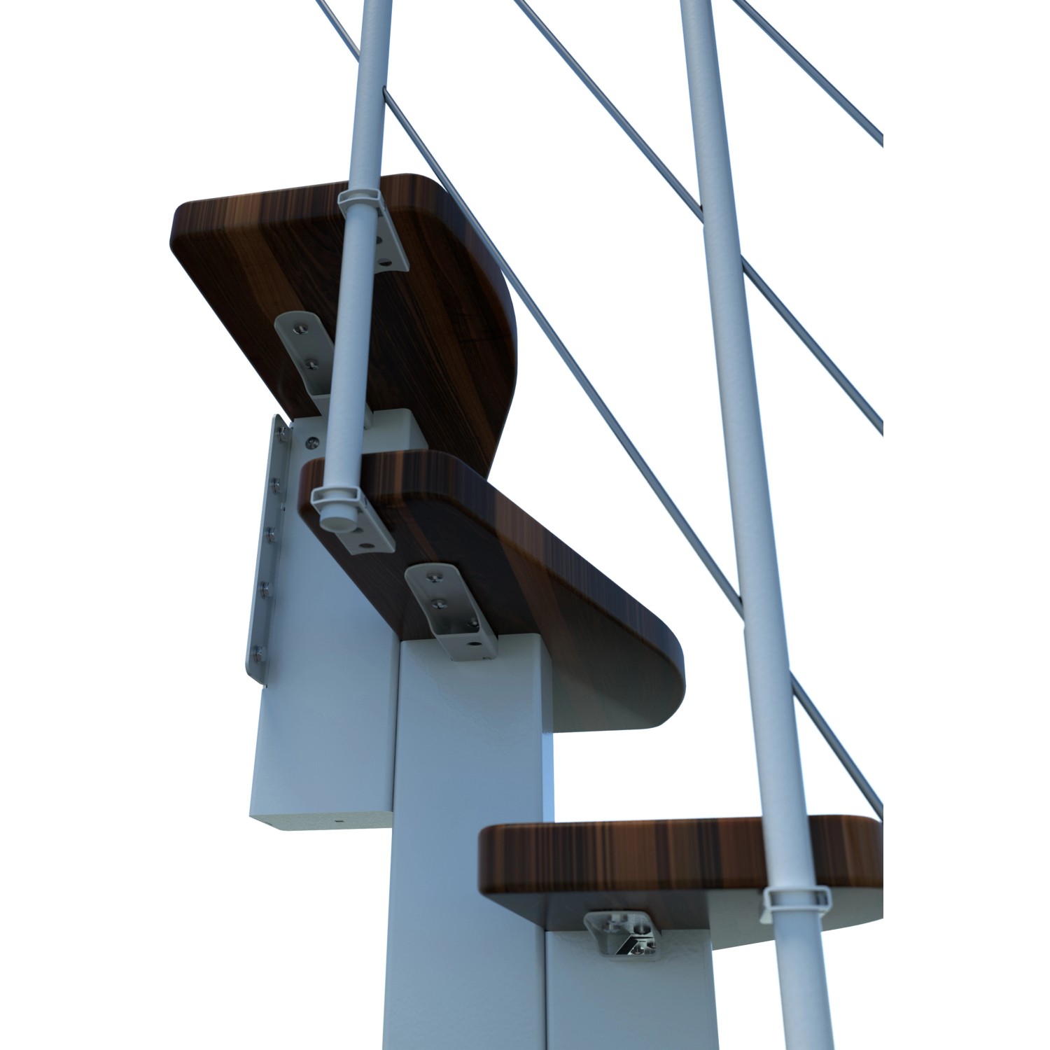 Detailansicht: Minka Raumspartreppe Quatro in Walnuss/Weiß. Holzstufen und weißes Metallgeländer.