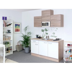 Flex-Well Singleküche Florida 150 cm in Sonoma Eiche/Weiß mit Kochfeld und Mikrowelle.