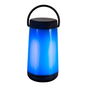 Schwarze LED-Tischleuchte Festa mit Bluetooth-Lautsprecher, blau leuchtend.
