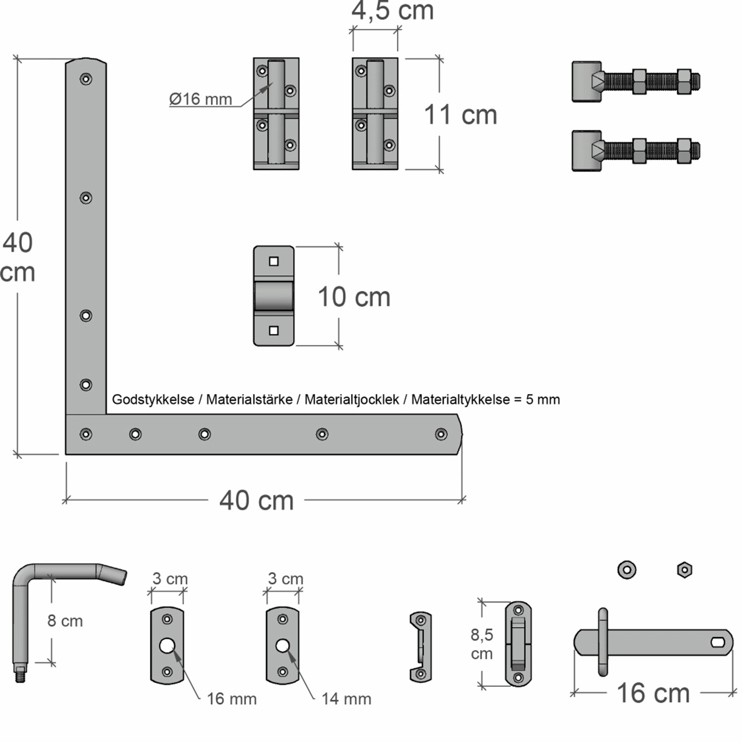 Beschläge für Gartentor Tokyo Nadelholz umbragrau, Maße und Details in der Abbildung.