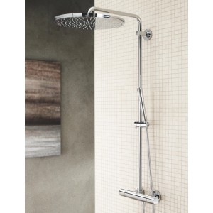 Grohe Rainshower Duschsystem mit Thermostatbatterie, Chrom-Finish und Kopf- und Handbrause.