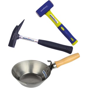 Sonneck Bauherren-Set III: Maurerpfanne, Latthammer mit Magnet und Fäustel. Hämmer-Set für Bauarbeiten.
