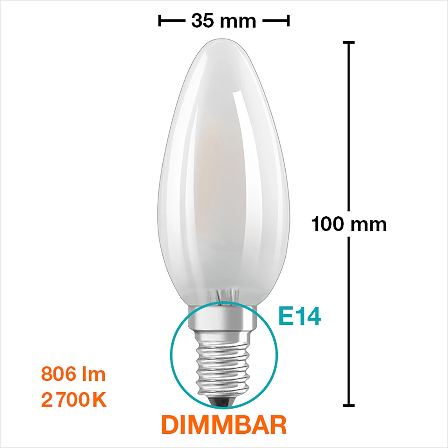 Osram LED-Leuchtmittel E14 Kerze, 5,5W, warmweiß, 806 lm, 10x3,5cm. Dimmbare LED Lampe für Wohnräume.