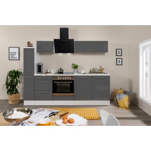 Respekta Premium Küchenzeile 240 cm in Grau Hochglanz/Weiß mit E-Geräten und Apothekerschrank.