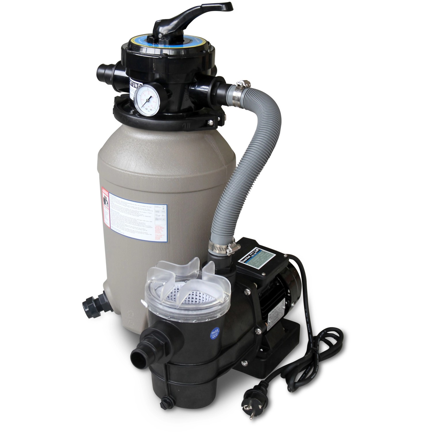 Karibu Pool Filteranlage und Skimmer Set für Holzpool. Filteranlage mit Pumpe und grauem Filterkessel.