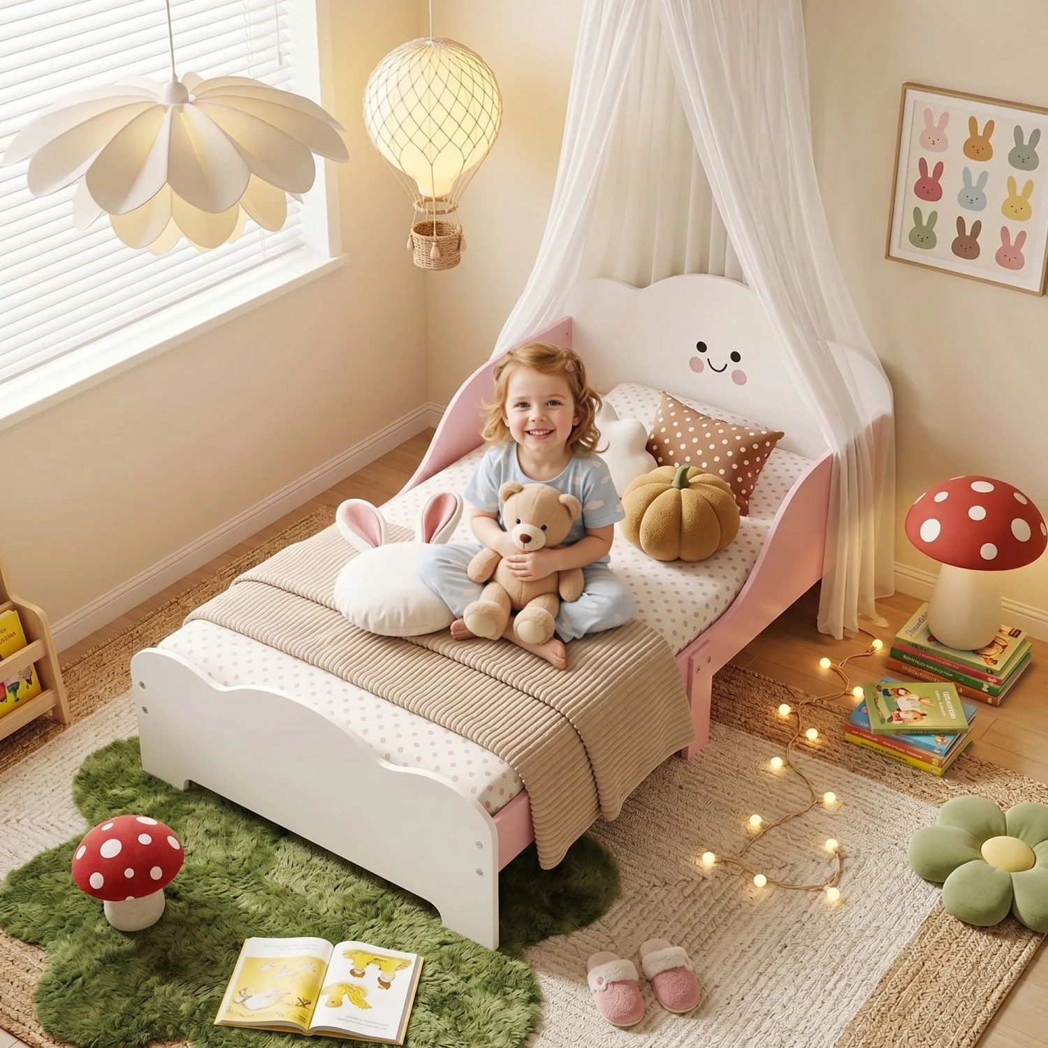 Rosa-weißes AIYAPLAY Kinderbett mit lächelndem Wolken-Kopfteil und Schutzleisten. Ein Mädchen sitzt mit Teddybär auf dem niedrigen Bett.