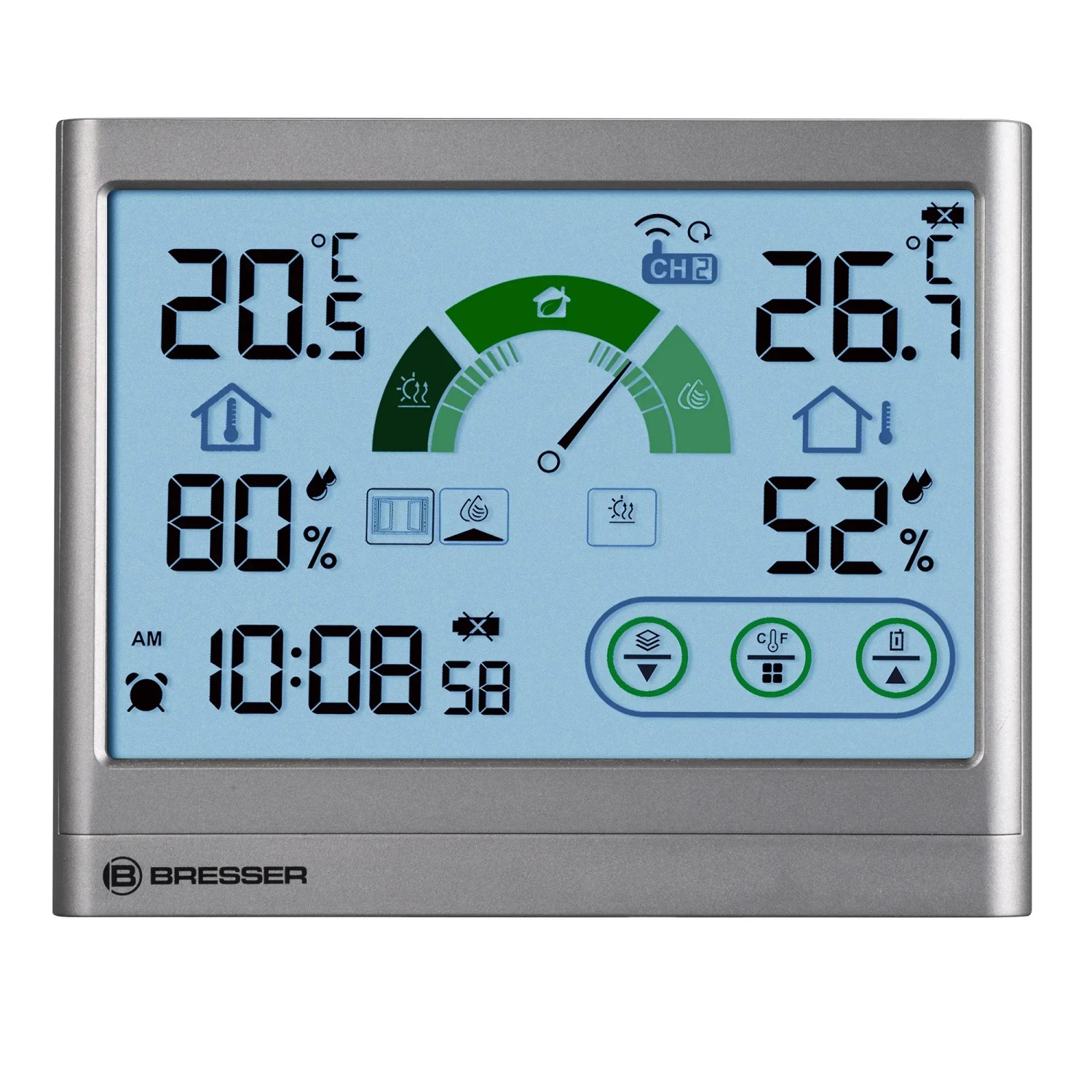 Bresser VentAir H Thermo-Hygrometer in Anthrazit zeigt Temperatur, Luftfeuchtigkeit und Lüftungsempfehlung an.