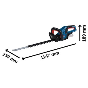 Bosch Professional Akku-Heckenschere GHE 18V-60 Solo mit Maßangaben, blau/schwarz.