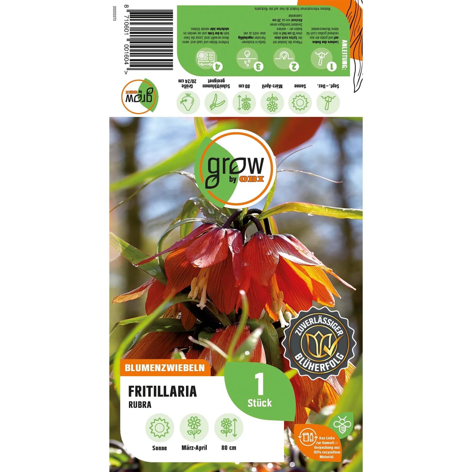 Verpackung der GROW by OBI Kaiserkrone Rubra, einer roten Blumenzwiebel mit 80 cm Höhe.