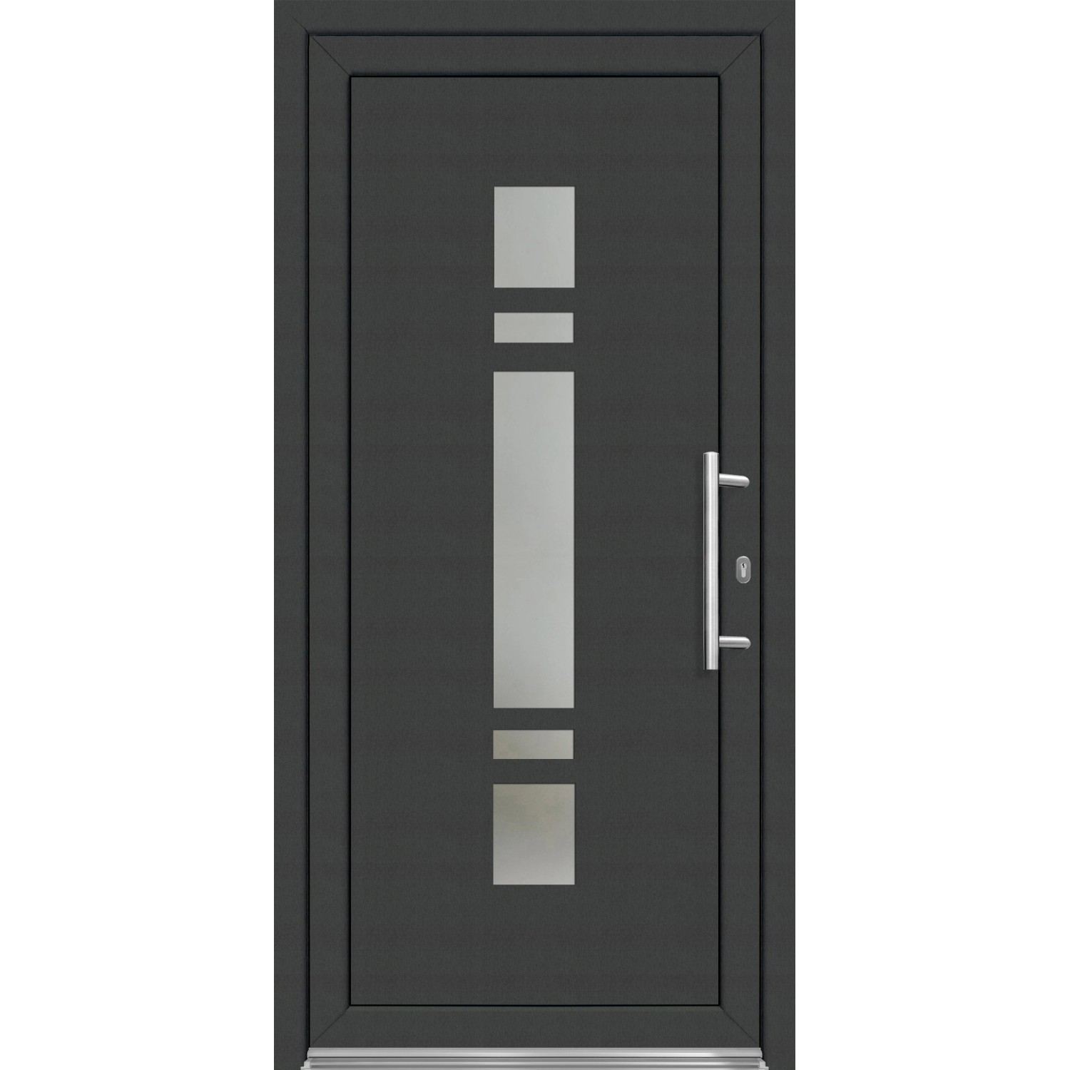 Moderne anthrazit-weiße Kunststoff-Haustür mit Milchglaseinsatz und Edelstahlgriff, DIN rechts.