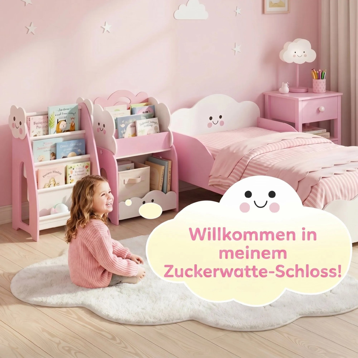 Rosa-weißes AIYAPLAY Kinderregal in Wolkenform mit Büchern und Spielzeug im Kinderzimmer. MDF-Regal für Kinder.