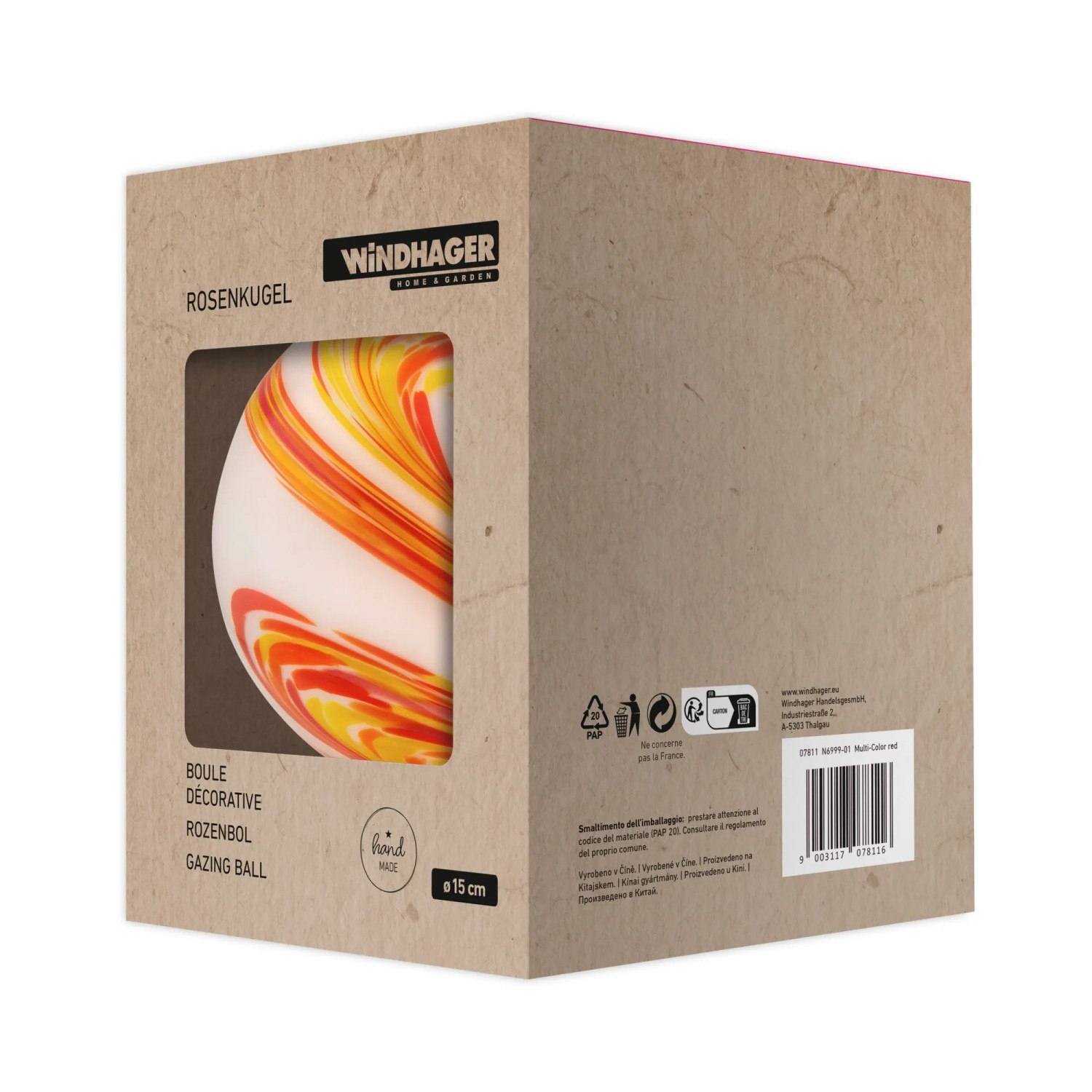Windhager Rosenkugel, mehrfarbig-rot, Ø 15 cm, im Karton. Gartendeko für Beet, Terrasse oder Balkon.