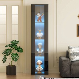 okwish Vitrine mit Glasböden LED-Beleuchtung Wohnzimmer 40x29x170cm Schwarz