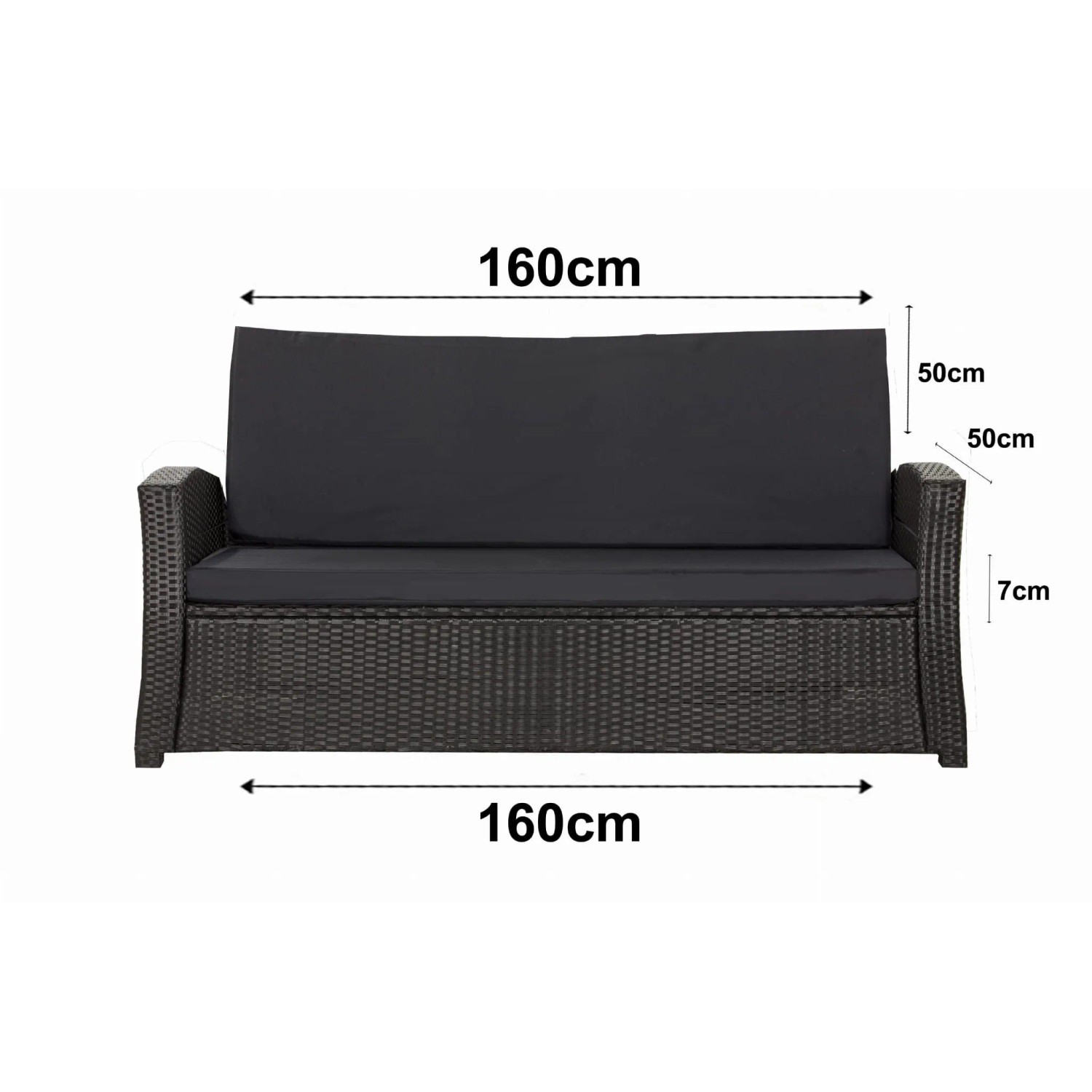 Schwarzes Gartenkissen-Set (160x50x50cm) für 2-Sitzer Polyrattan Gartensofa.