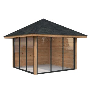 Quadratischer, braun grundierter Palmako Pavillon Bianca mit Schiebetüren und Walmdach.