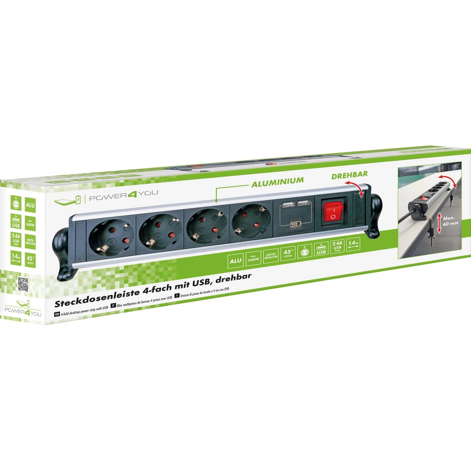 Schwaiger 4-fach Steckdosenleiste mit USB und Tischbefestigung im Karton.