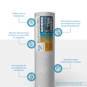 Weiße AS-Creation Thermowall Vliestapete, Rolle für Wohnraumdämmung mit matter, glatter Oberfläche.